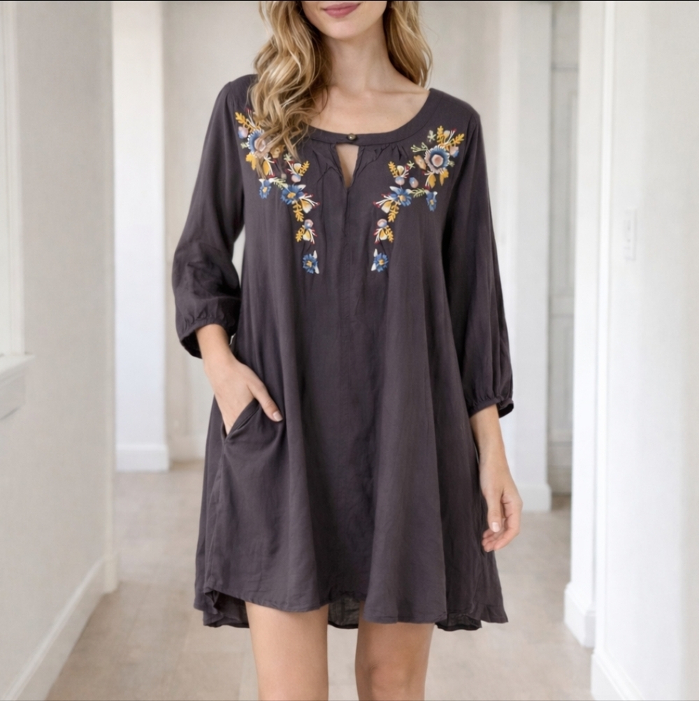 Jodifl Embroidered Boho Tunic Dress with Pockets – SMALL